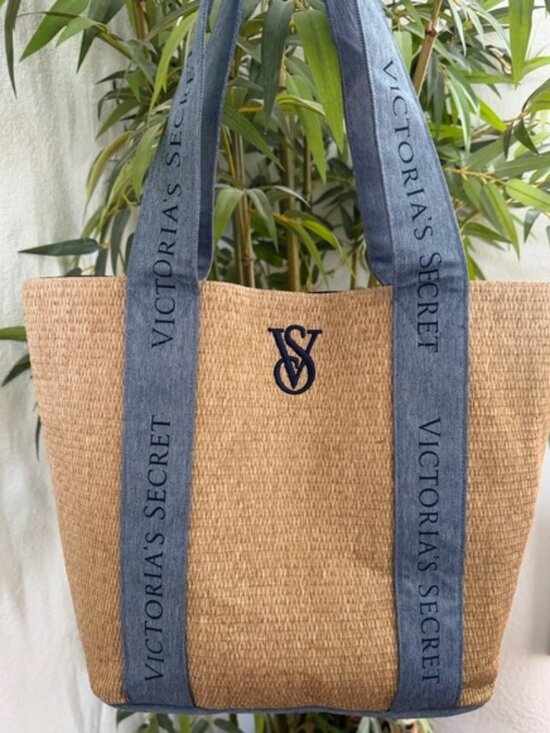 Victoria's Secret Handbags - Victoria's Secret Natural Straw Tote with Blue Denim Straps
